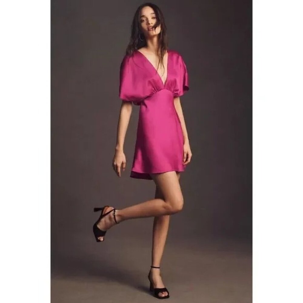 BHLDN Fuchsia Leila Satin Deep Vneck Short Sleeve Mini Dress Womens Small NEW